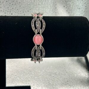 Marcasite Bracelet Pink Moonstone Cabochons Art Deco Style, Sterling Silver